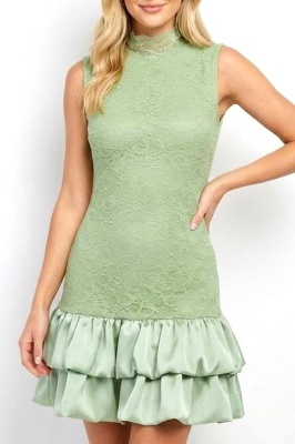 Rochie scurta, satinata IVORIA, cu dantela si guler inalt, VERNIL, Marime S/M