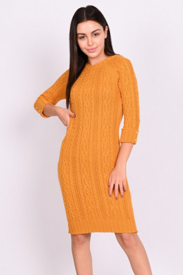 Rochie tricotata Raluca, cu maneca trei sferturi, Mustar1