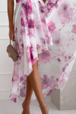 Rochie vaporoasa de vara Giuliana, chiffon, asimetrica si imprimeu pastel, Alb/Fucsia, Marime S/M 3