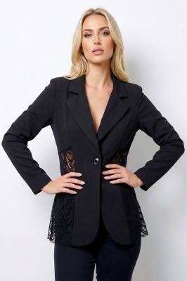 Sacou de ocazie Roselle, cu panou asimetric din dantela, Negru, Marime S/M