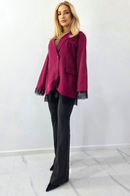 Sacou subtire, lung ELVIA, cu dantela si buzunare decorative, Burgundy, Marime universala
