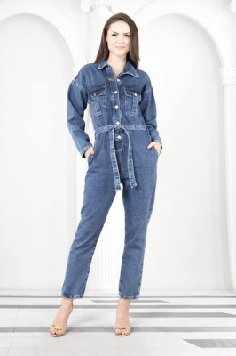 Salopeta denim Meridian, croiala boyfriend si cordon, Albastru  