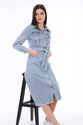 Sarafan Ema, denim, inchidere cu nasturi, cordon in talie-lateral