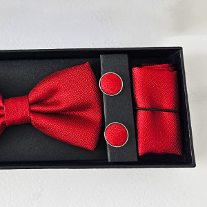 Set 3 piese Gentleman, pentru barbati, papion, buton si batista din stofa, Rosu 4