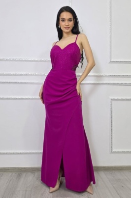 Rochie de ocazie Serelya, cu dantela si cristale, Magenta, marimea M 3 bucati