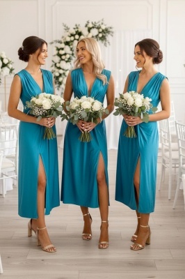 Set 3x Rochie lunga satinata Ilaria, cu crapatura pe picior, Turquoise, Marime S/M