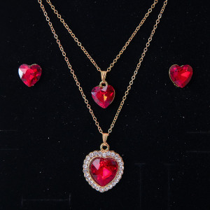 Set accesorii Danser a Deux, din inox, cu cercei, sirag cu doua lanturi si pandativ cu pietre, in cutie eleganta, Gold Heart Rosu 2