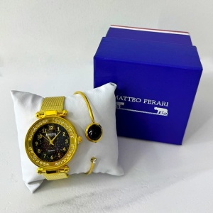Set ceas elegant dama Francesca di Geneva Matteo, cu bratara asortata, Gold/Negru
