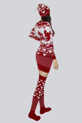 Set tricotat cu imprimeu de Craciun - Snowflakes, rochie, caciula cu mot mic si sosete jambiere, Miky rosu1