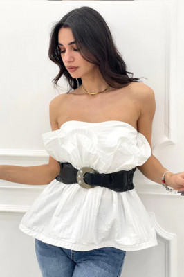 Camasa crop-top Rouche, cu aspect plisat, croi banda tip corset si curea inclusa, Marime universala 3