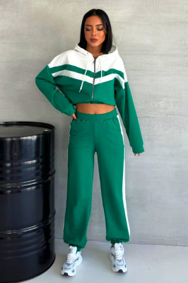 Trening bumbac Cerasela, imprimeu bicolor, bluza scurta cu fermoar si pantaloni, Verde 1