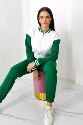 Trening bumbac vatuit College, bluza scurta cu fermoar si pantaloni, Verde 1