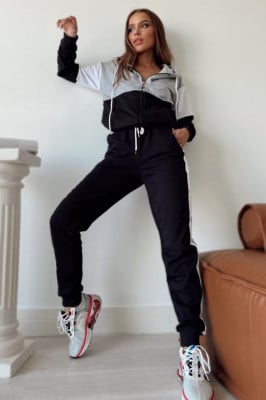 Trening dama VCM, pantaloni si hanorac cu gluga, Negru/Gri
