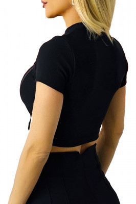 Tricou crop IKA, cu striatii si insertii din piele ecologica, Negru 1