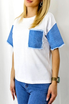 Tricou bumbac Kriss, cu doua texturi, denim la maneci si buzunar practic cu franjuri 1