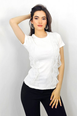 Tricou dama Abe, cu rejansa din dantela si textura striata, Alb, Marime universala S/M1