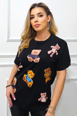 Tricou dama Neo-K, cu imprimeu ursuleti si cristale aplicate, Sits Down, Negru