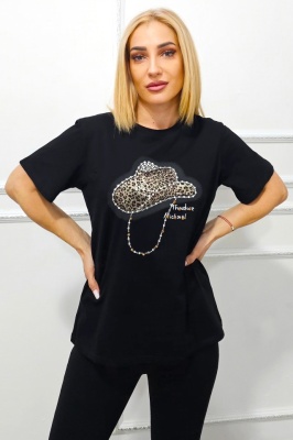 Tricou de dama cu imprimeu animal print AMOO si cristale artizanale Theodore Negru