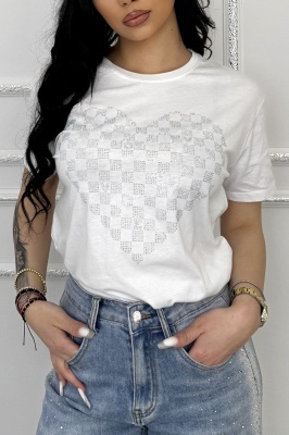Tricou de dama din bumbac, Lumiheart cu pietre stralucitoare si imprimeu inima, Alb