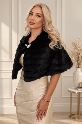 Capă elegantă negru din blană ecologică, cu benzi texturate în relief