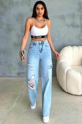 Blugi baggy DOHA, cu perforatii multiple, ample si aspect prespalat, Albastru de gheata 3