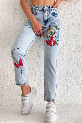 Blugi dama mom fit, Loose, cu desen imprimat si talie inalta, Flower2