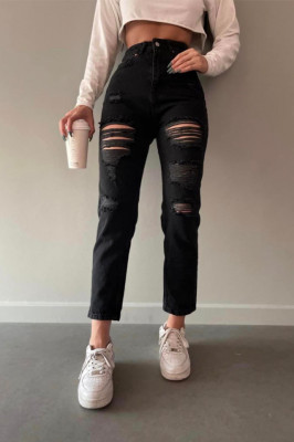 Blugi mom fit Stranger, cu talie inalta, perforatii frontale, buzunare si croiala regular fit, Negru1