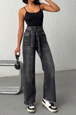 Blugi prespalati Madrid wide leg cu elastan si cordon, Negru