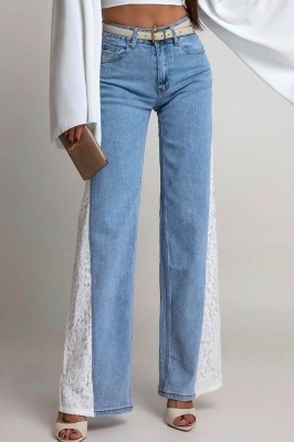 Blugi wide leg Brooklyn, cu textura elastica si dantela, Albastru deschis