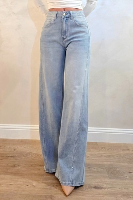 Blugi wide leg Kyoto, cu strasuri si nuanta prespalata, Albastru deschis