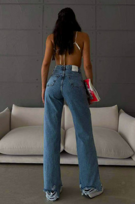 Blugi wide leg Yukatan, cu tiv perforat si aspect prespalat, Albastru deschis spate