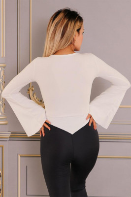 Bluza asimetrica Diandra, cu maneca tip clopot si decolteu Queen Anne, Alb4