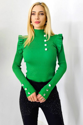 Bluza casual Elisa, cu nasturi decorativi si volane ample, Verde, Marime S/M