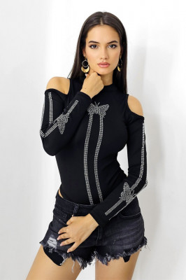 Bluza tip body FlyMex, cu aplicatii decorative si guler tunica, Negru 4