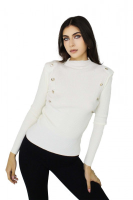 Bluza tricot Lya, cu guler inalt, striatii si aplicatii metalice, Alb