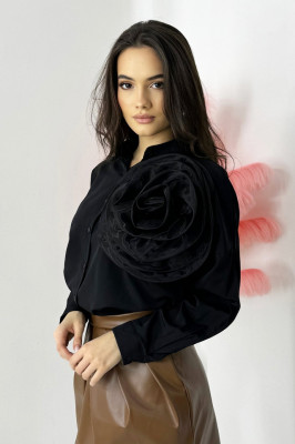 Camasa bumbac Organza Sweet, cu accesoriu floral oversize, detasabil, Negru, Marime S/M 2