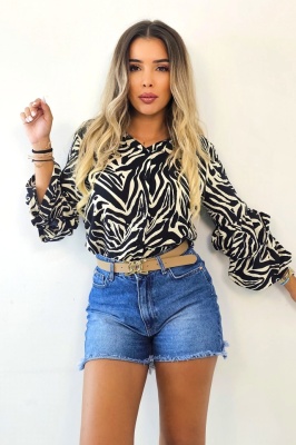 Camasa casual Hunter, animal print si maneca lunga cu volane, Zebra, Marime S/M 5