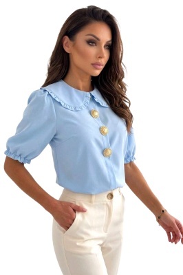 camasa feminina culoare albastru deschis din bumbac cu maneca bufanta