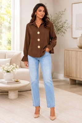 Camasa eleganta de dama MELISAN, cu nasturi brosa si basic, MARO Ciocolata, Marime S/M/L