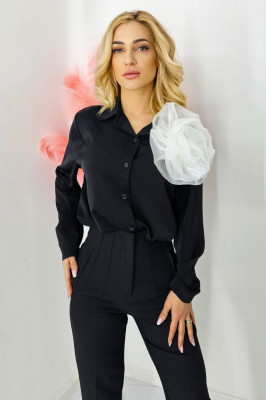 Camasa office Alizee, cu accesoriu floral din organza, Negru/Alb, Marime S/M 5