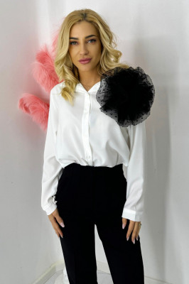 Camasa office Alizee, cu accesoriu floral imprimat, din organza, Alb/Negru, Marime S/M