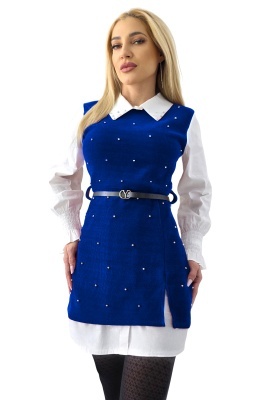 Camasa rochie Iuliana, cu sarafan aplicat si perle aplicate, Albastru, Marime S/M
