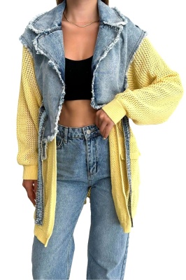 Cardigan lung Violeta, din tricot cu denim si cordon asortat, Galben 4