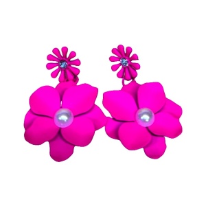 Cercei lungi Theona, design floral, cu tija si pietre artizanale, Fucsia 5