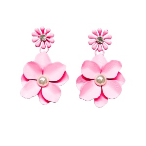 Cercei lungi Theona, design floral, cu tija si pietre artizanale, Roz 3