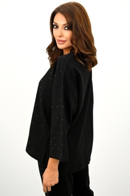 Compleu asimetric Radiant Pair, pantaloni si bluza cu pietre decorative, Negru lateral