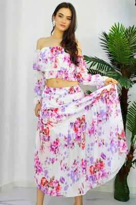 Compleu Bernolda fusta si camasa, Mov floral, Masura S/M2