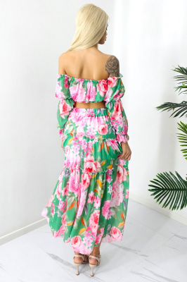 Compleu Bernolda, fusta vaporoasa si camasa cu umerii goi, Green Sunday, Masura S/M/L spate