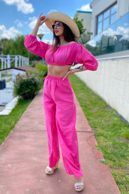 Compleu creponat Theria, bluza crop cu umerii goi, si pantaloni lungi culottes, Fucsia, Marime universala S/M