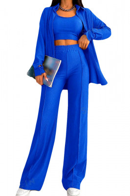 Compleu casual Aleksa, din trei piese, cu top, camasa si pantaloni evazati, Albastru 2